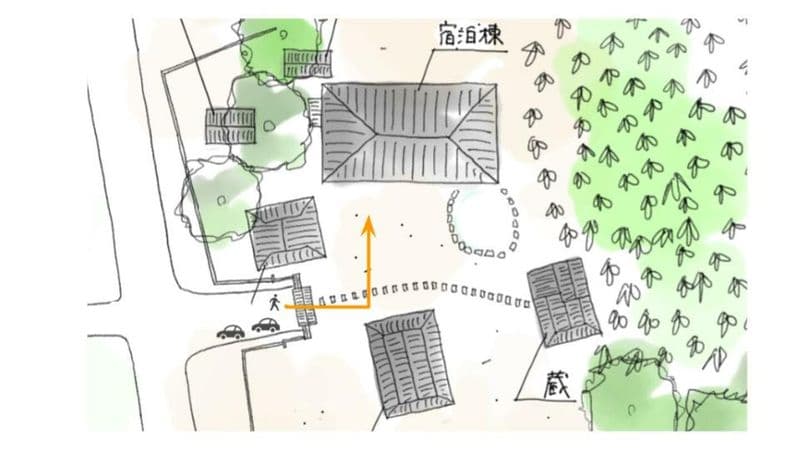 手描きの敷地図。宿泊棟と蔵、門前の駐車位置